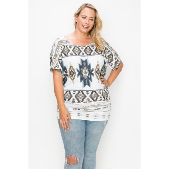 Women’s White Sleeve Less Geometric-Tribal Sublimation Print Top - Picture 1 of 5
